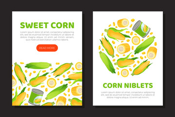 Sweet corn mobile app, card template. Natural organic product web banner, poster cartoon vector