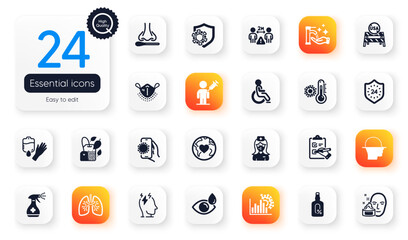 Set of Medical flat icons. Blood, Donation and Face cream elements for web application. 24 hours, Mint bag, Nasal test icons. Lungs, Medical cleaning, Medical mask elements. Vector