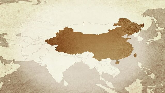 Vintage map showing China. From above zooming in.