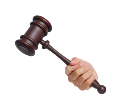 Hand holding trial judgement hammer on layered png background.
