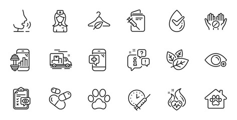 Fototapeta premium Outline set of Dog paw, Pet shelter and Hospital nurse line icons for web application. Talk, information, delivery truck outline icon. Vector