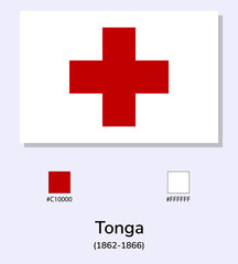 Obraz premium Vector Illustration of Tonga (1862-1866) flag isolated on light blue background. Illustration Tonga flag with Color Codes. As close as possible to the original.