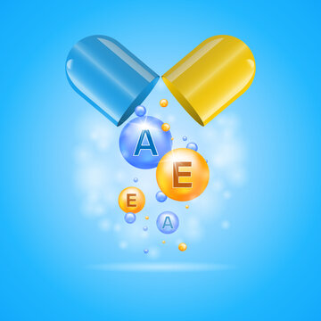 Vitamins A and E. Pharmaceutical banner template. Capsule with falling out vitamin balls.