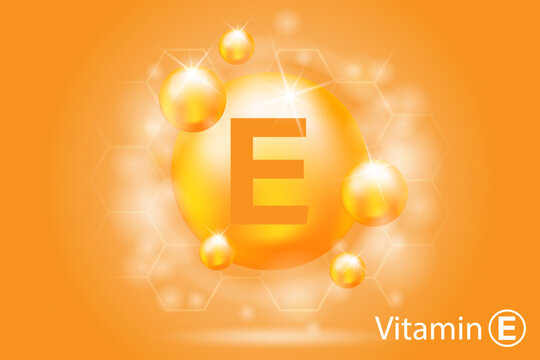 Vitamin E yellow shiny capsule. Beauty, nutrition, skin care, pharmacy, diet. A shining golden drop of substance. Advertising of medicines. Cosmetic procedure. Vector illustration