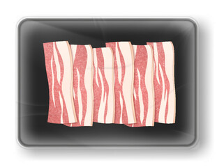 Fresh bacon in transparent plastic package. Meat on plastic trays or vacuum wrap container