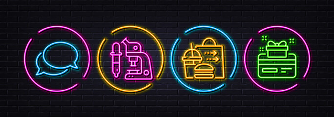 Microscope, Messenger and Food delivery minimal line icons. Neon laser 3d lights. Loyalty card icons. For web, application, printing. Laboratory science, Speech bubble, Burger with soft drink. Vector