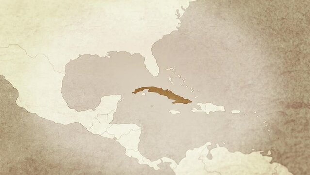 Vintage map showing Cuba. From above zooming in.