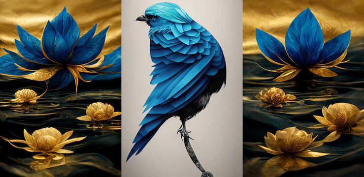 3d drawing of golden and blue flowers and bird. canvas art for wall art poster
