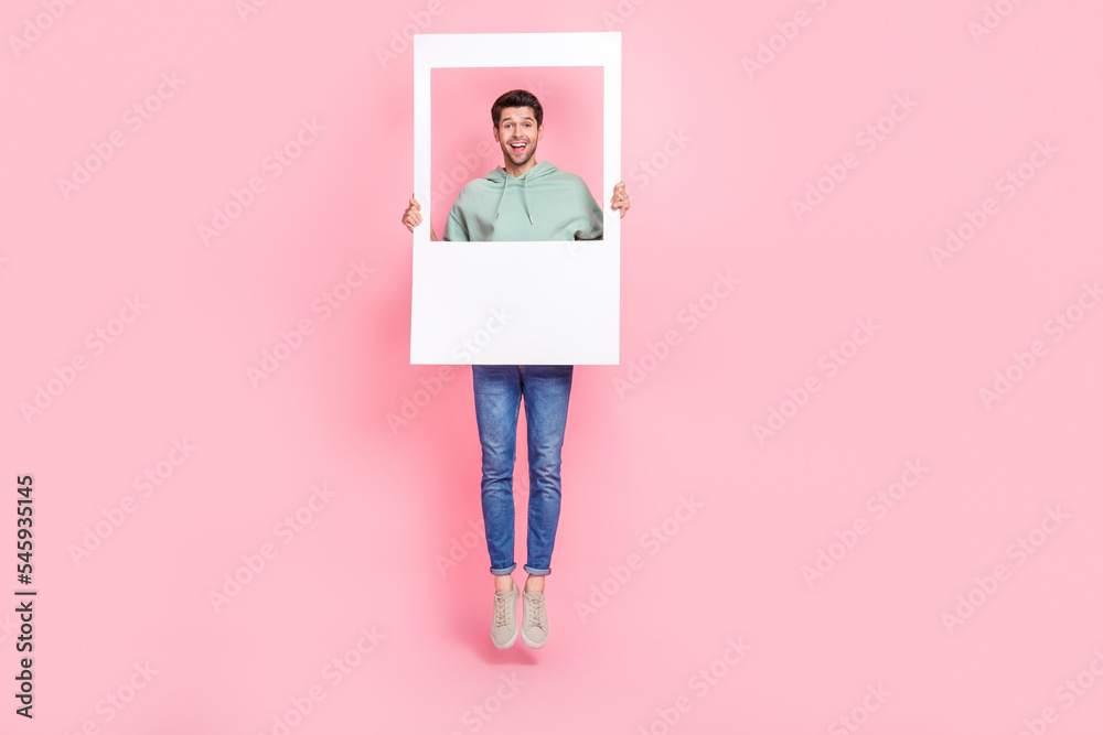 Aufkleber full length photo of optimistic boy stylish outfit hold big frame want change instagram twitter avat