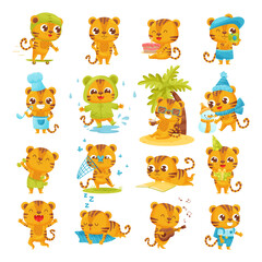 Set of cute baby tiger characters in different activities. Funny little wild animal skateboarding, cooking, catching butterflies with net, doing sports, playing guitar cartoon vector