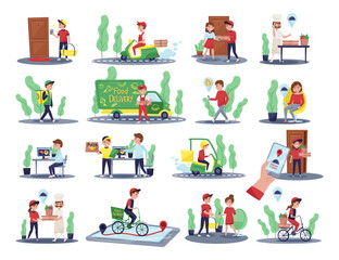 Fototapeta premium Courier delivery food set. Fast delivery service. Customers ordering food on mobile application cartoon vector