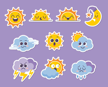 Weather forecast emoji stickers. Funny cartoon stickers of the sun, the moon, and clouds with different emotions: funny, sleepy, crying, angry, surprised... Set 2 of 2. Vector illustration.