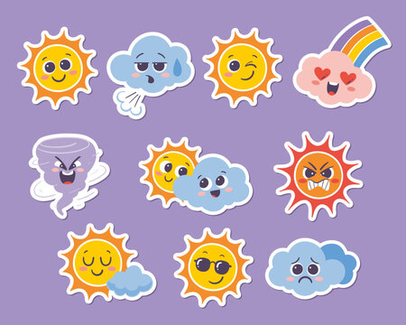 Weather forecast emoji stickers. Funny cartoon stickers of the sun and clouds with different emotions: happy, cool, sad, angry... Set 1 of 2. Vector illustration. 10 sticker collection.