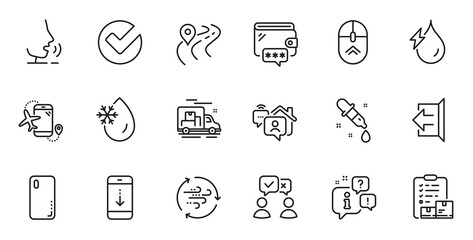 Outline set of Verify, Inventory checklist and Road line icons for web application. Talk, information, delivery truck outline icon. Include Freezing water, Sign out, Wind energy icons. Vector