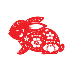 Hare decorated with flowers. Beautiful rabbit bunny in folk style. vector animal Symbol for chinese new year lunar zodiac, Easter, Moon festival celebrations