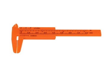 Orange plastic vernier caliper isolated on white background with clipping path.	
