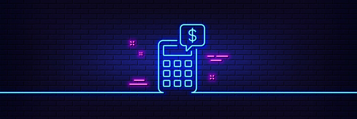 Neon light glow effect. Calculator line icon. Accounting sign. Calculate finance symbol. 3d line neon glow icon. Brick wall banner. Calculator outline. Vector