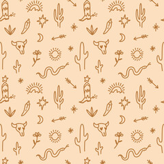 Boho seamless pattern with western desert cartoon ornamental wallpaper. Cowboy boot, bull animal skull, chili pepper, snakes, cacti, arrows, celestial and floral elements collection. Wild west