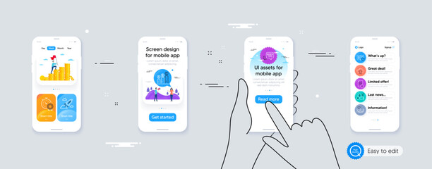 Set of Graph chart, Love book and Startup rocket line icons. Phone ui interface. Include Best result, Currency rate, Quick tips icons. Manual, Cloud upload, People chatting web elements. Vector