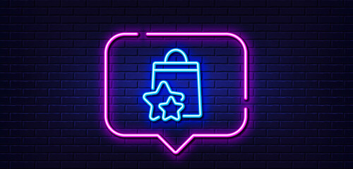 Neon light speech bubble. Loyalty points line icon. Bonus bags. Discount program symbol. Neon light background. Loyalty points glow line. Brick wall banner. Vector