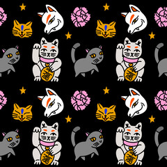 Seamless pattern with Japanese cartoon elements. Kitsune mask, maneki-neko lucky cat, little kittens and peony Japan flower. Characters isolated on dark background. Vector clip art hand drawn