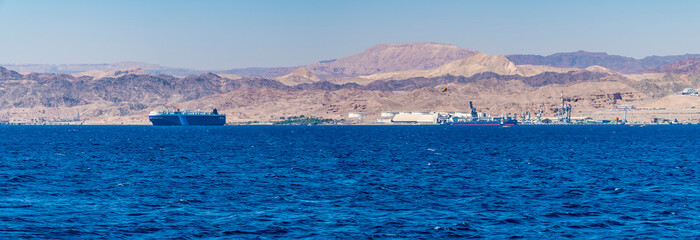 A panorama view across the Bay of Aquaba off Aqaba, Jordan in sumertime