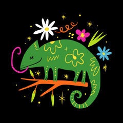 Cute quirky green color chameleon baby character. Adorable hand drawn flat animal isolated on dark background. Little tropical cartoon reptile sitting on tree branch. Childish groovy style, perfect © Knstart Studio