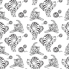 Cute cats pattern. Tabby cats playing and stretching. Silhouette seamless vector illustration. Hand drawn black and white outline isolated on white background. For wrapping paper, wallpaper, fabric.