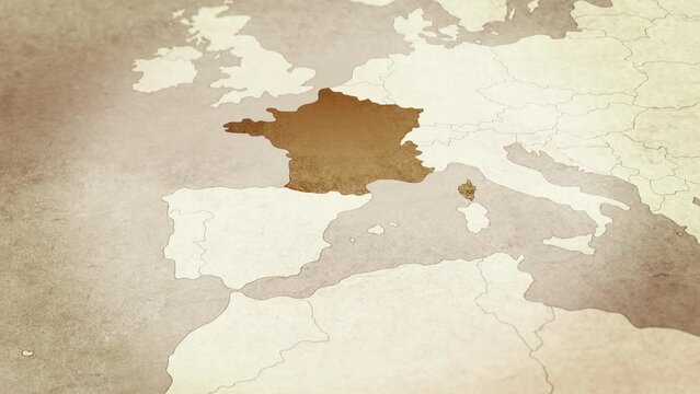 Vintage map showing France. From above zooming in.