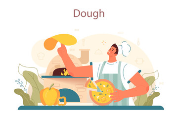 Pasta maker. Baker cooking italian traditional food. Semi-processed