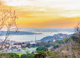 The beautiful panoramic view of the Bosphorus with sunset sky