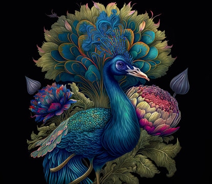 large Royal peacock with an open tail  in exotic flowers, vintage style.  Digital illustration for t shirt, prints, posters, postcards, stickers,	tattoo