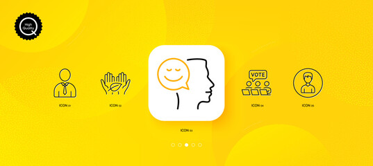 Fototapeta na wymiar Fair trade, Human and Good mood minimal line icons. Yellow abstract background. Online voting, Person icons. For web, application, printing. Safe nature, Person profile, Positive thinking. Vector