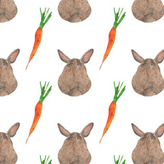 Hare pattern.Farm.Watercolor print on white background.Natural hand drawn pattern
