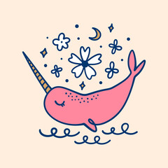 Flat doodle cartoon pink fairytale magic unicorn whale girl, narwhal hand drawn vector illustration isolated on color background. Sea and ocean character, aquatic marine life art. Floral childish © Knstart Studio