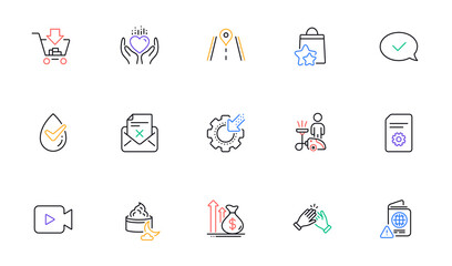 Hold heart, Reject letter and File settings line icons for website, printing. Collection of Road, Budget, Dermatologically tested icons. Video camera, Approved message, Shopping web elements. Vector