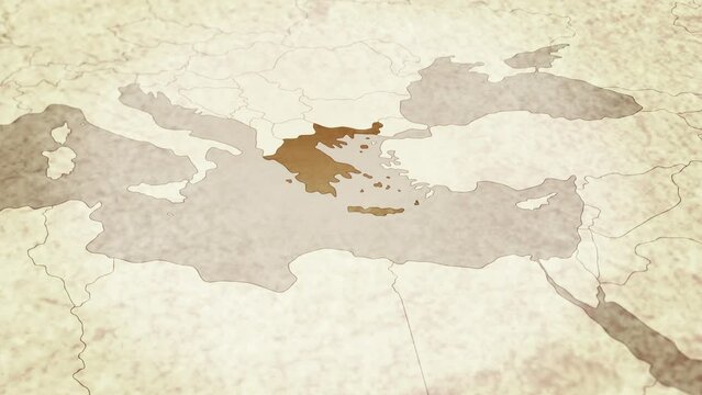 Vintage map showing Greece. From above zooming in.