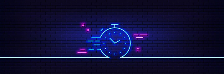 Neon light glow effect. Timer line icon. Time management sign. Stopwatch symbol. 3d line neon glow icon. Brick wall banner. Timer outline. Vector