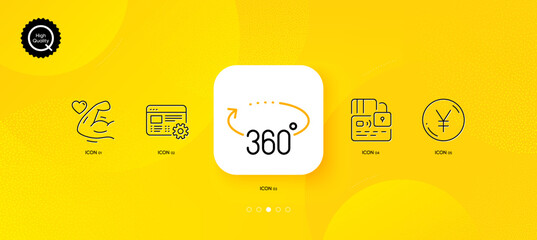 Fototapeta na wymiar Web settings, 360 degrees and Strong arm minimal line icons. Yellow abstract background. Card, Yen money icons. For web, application, printing. Engineering tool, Full rotation, Muscle biceps. Vector