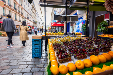 Fruits and vegetables on display at a street market in Paris, France