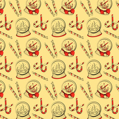 Christmas pattern on a yellow background with Christmas balls and sweets for printing