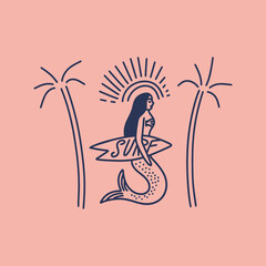 Vector doodle mermaid, sea and palm trees surf vector label clip art elements composition set. Cute ocean serena surfer girl isolated on color background. Vintage retro style.