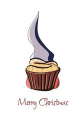 Christmas vector card with cartoon dwarf and festive cupcake. Christmas hero for cards and posters