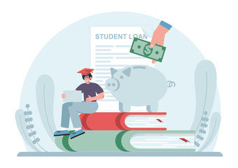 Education loan. Student characters paying debt for education.