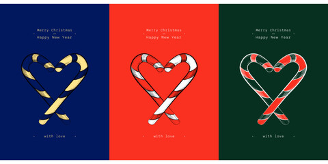 Set of New Year's cards on different backgrounds with a heart made of Christmas sweets