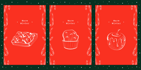 Set of New Year's cards with Christmas sweets: pie, baked apple, cupcake, with candy frame