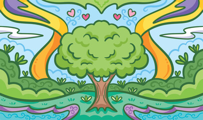 Fresh and beautiful tree natural themed vector background. Greenery wallpaper for poster or website backdrop with cartoon flat art style and clean line art. Colorful drawing with love earth theme.