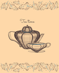 A postcard with a teapot and a cup. Winter greeting card with the inscription Tea time