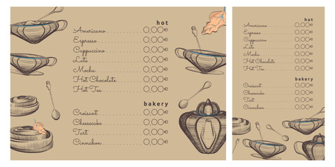 Menu of warm drinks and desserts with vector seasonal attributes