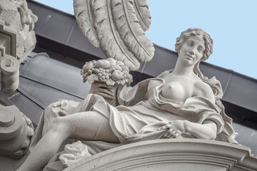 Old royal renaissance and rococo sculptures in Zwinger gardens at historical and museums downtown...